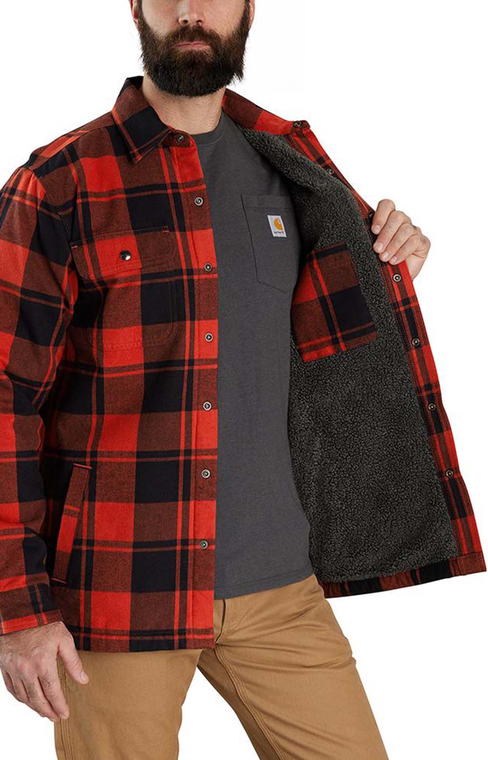 Carhartt's Cozy Bordeaux Heather Relaxed Fit Flannel Sherpa-Lined Shirt Jacket