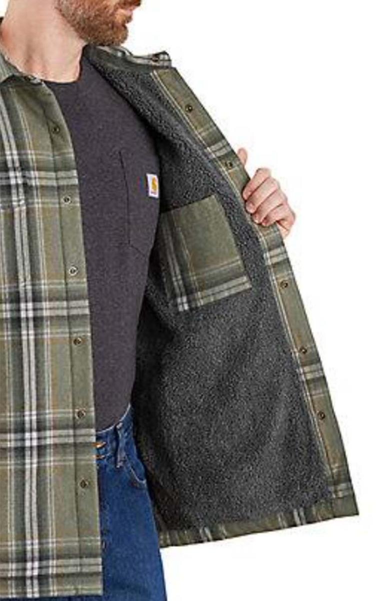 Carhartt's Cozy Basil Relaxed Fit Flannel Sherpa Lined Shirt Jacket