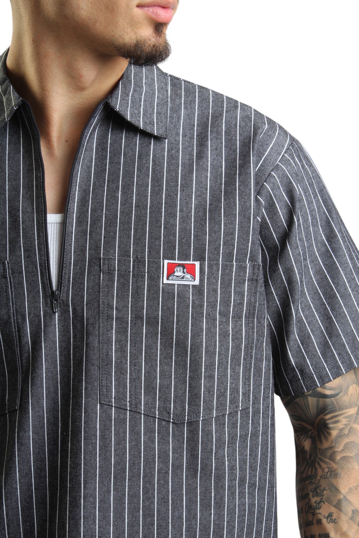 Ben Davis Stylish Half Zip Striped Butcher Block Work Shirt