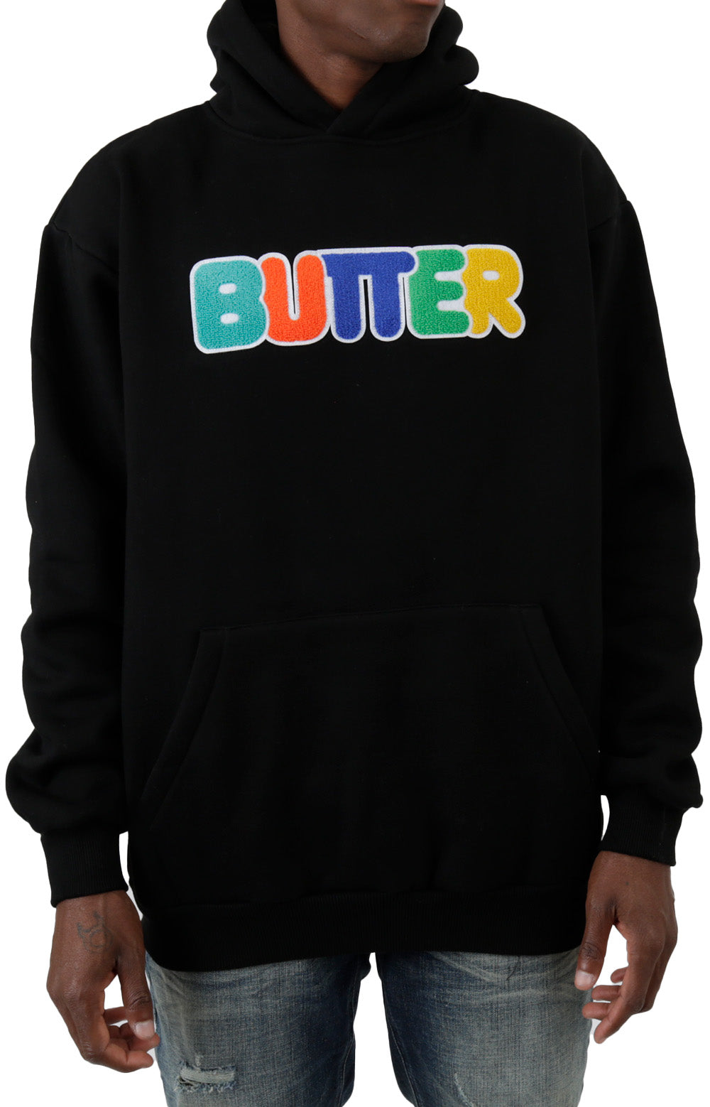 Stylish Black Rounded Chenille Applique Pullover Hoodie
