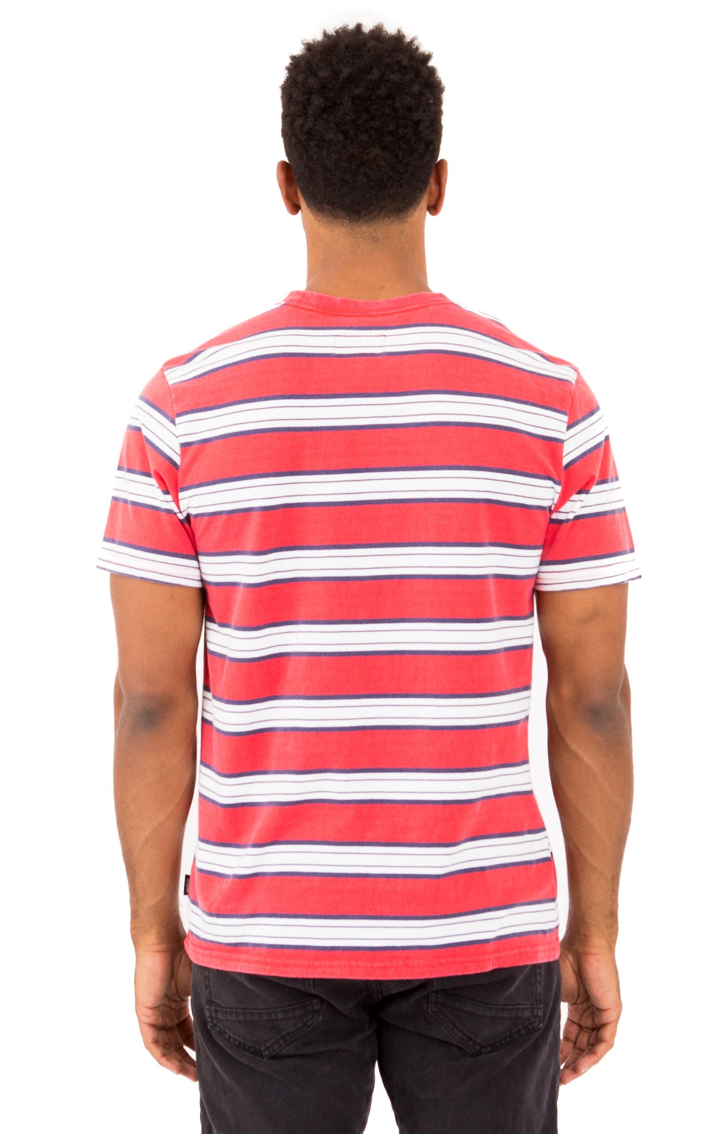 Stunning Red Worn Wash Striped Pocket Tee