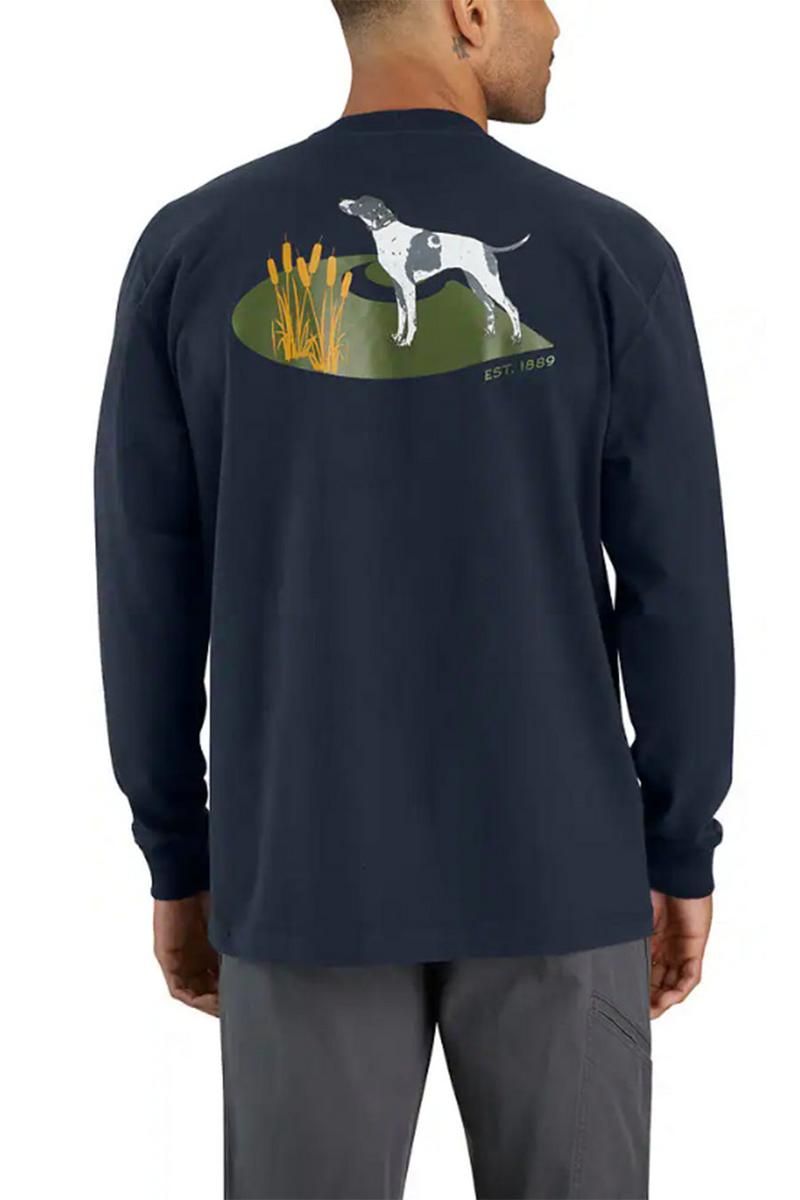 Navy Loose Fit Carhartt Long Sleeve Pocket Dog Graphic T-Shirt - A Must-Have!