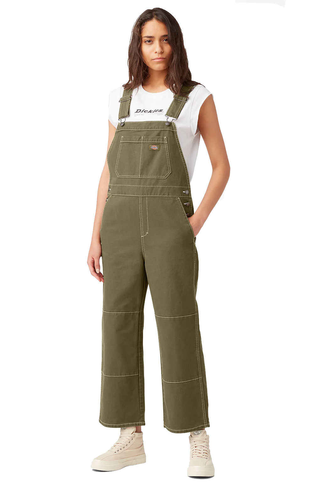 Dickies Women's Stonewashed Military Green Cropped Carpenter Bib Overalls - A Timeless Feminine Style!
