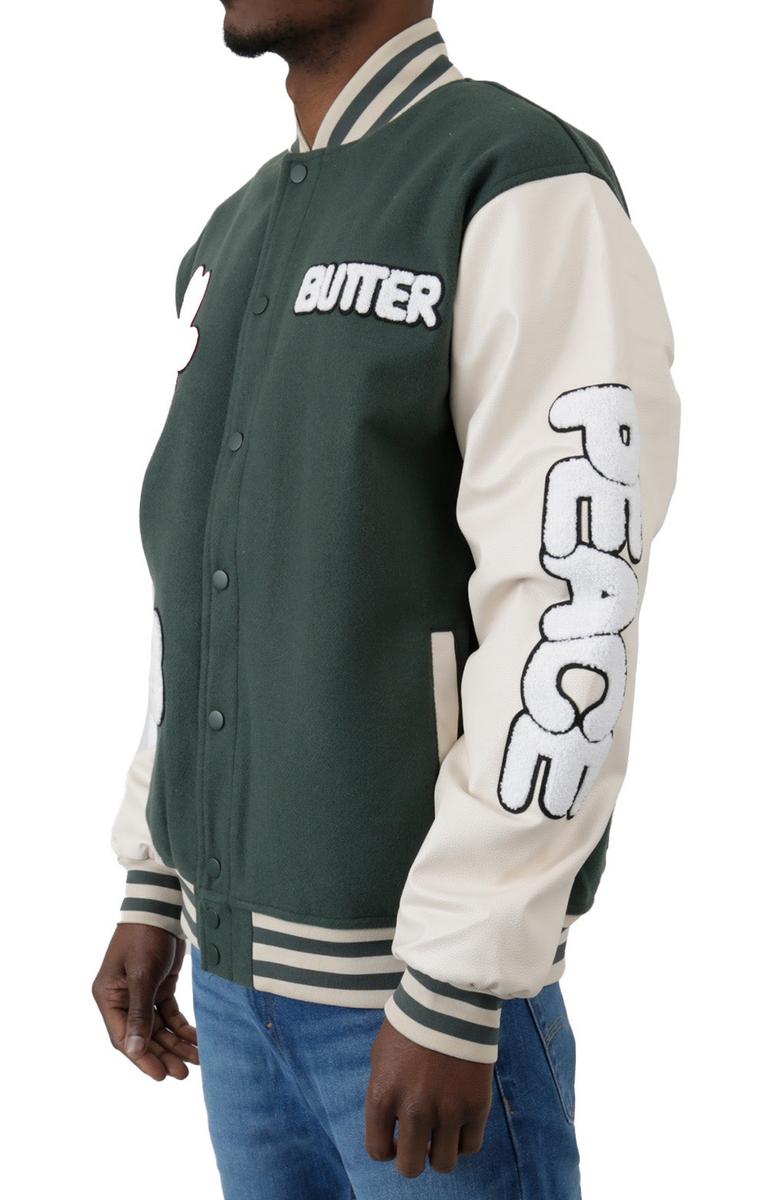 Butter's Forest Green World Peace Varsity Jacket - A Must-Have!