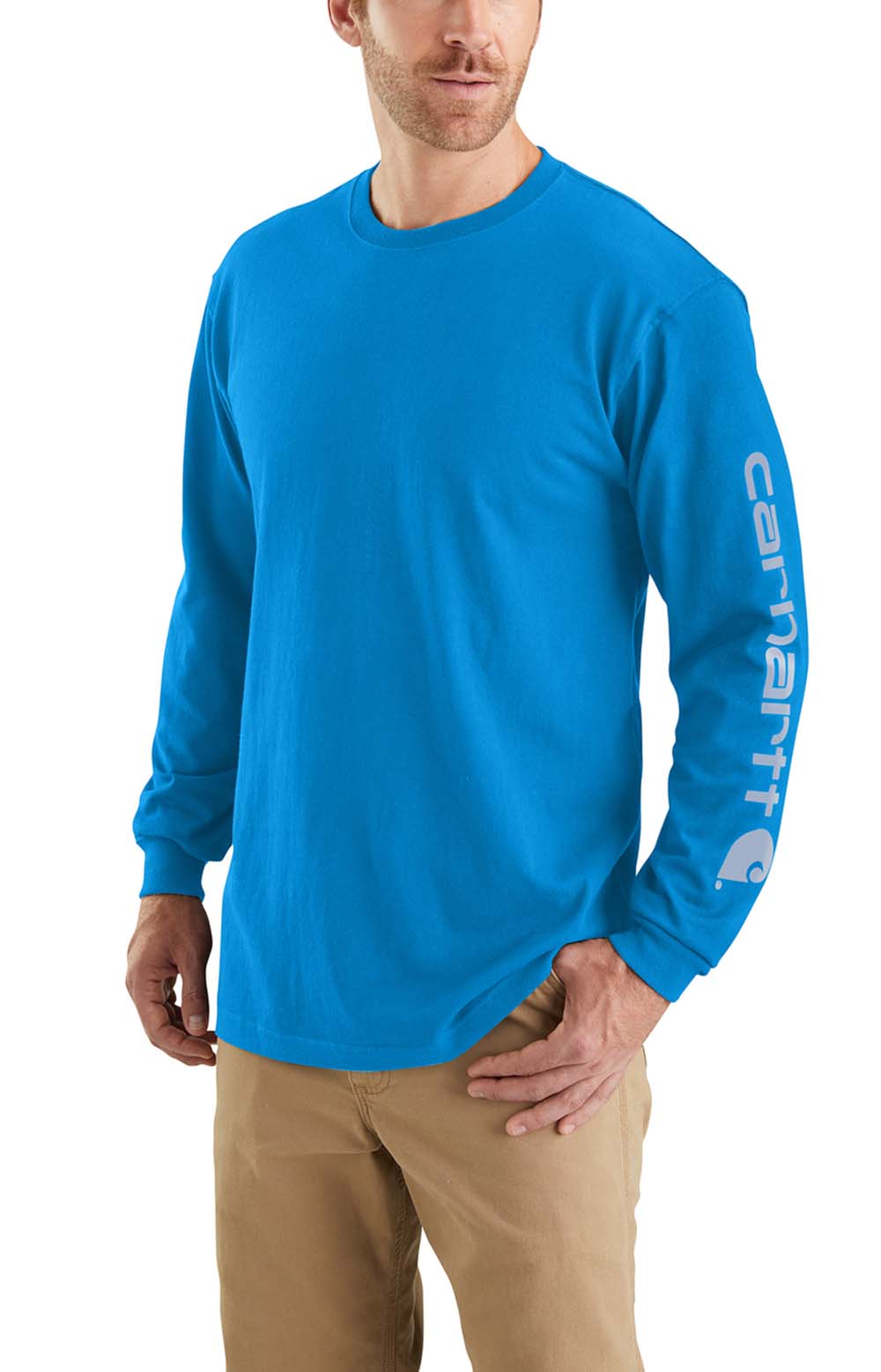 Carhartt Men's Glow Blue Long-Sleeve Signature Logo Tee - Durable & Roomy