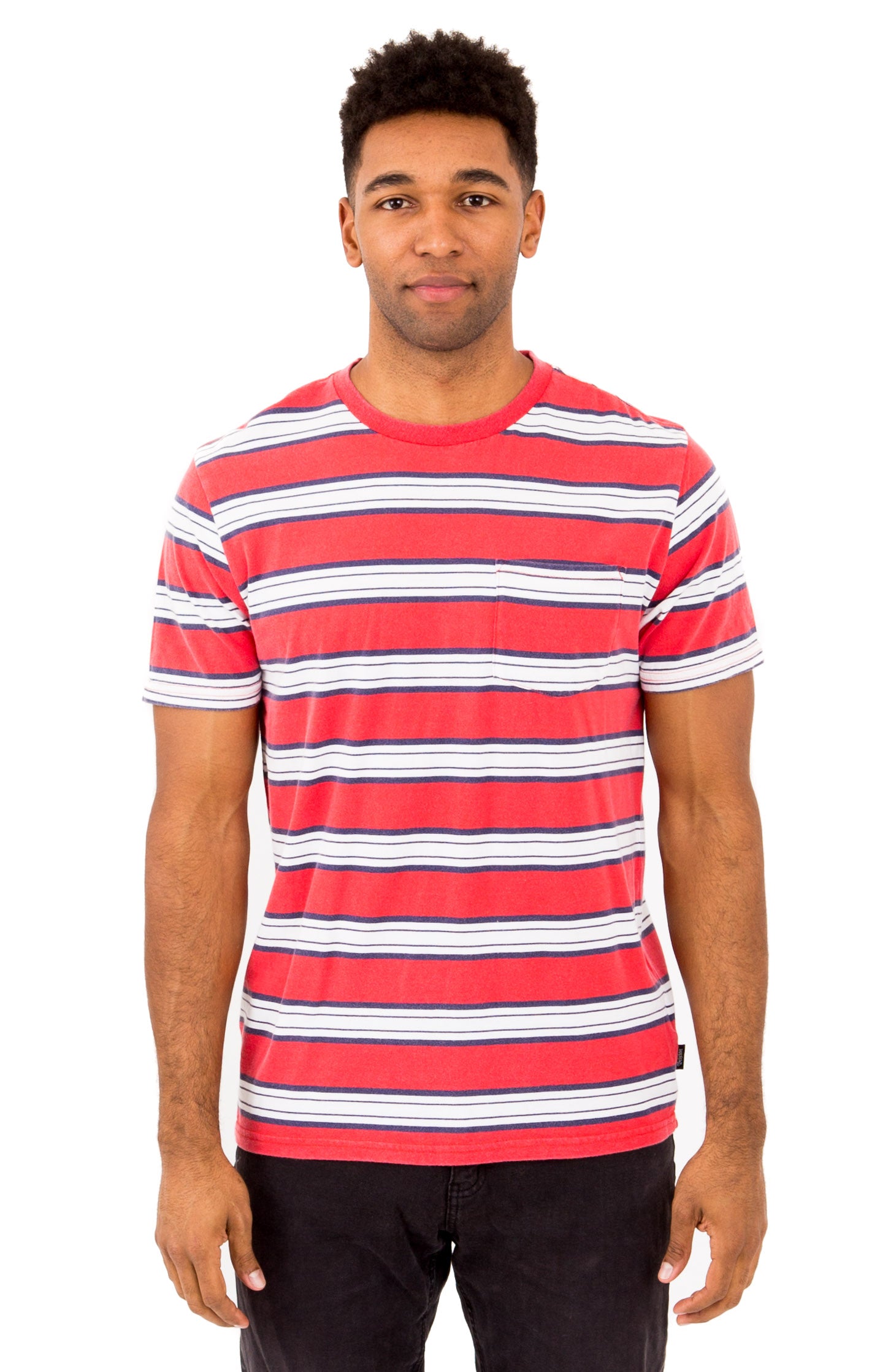 Stunning Red Worn Wash Striped Pocket Tee