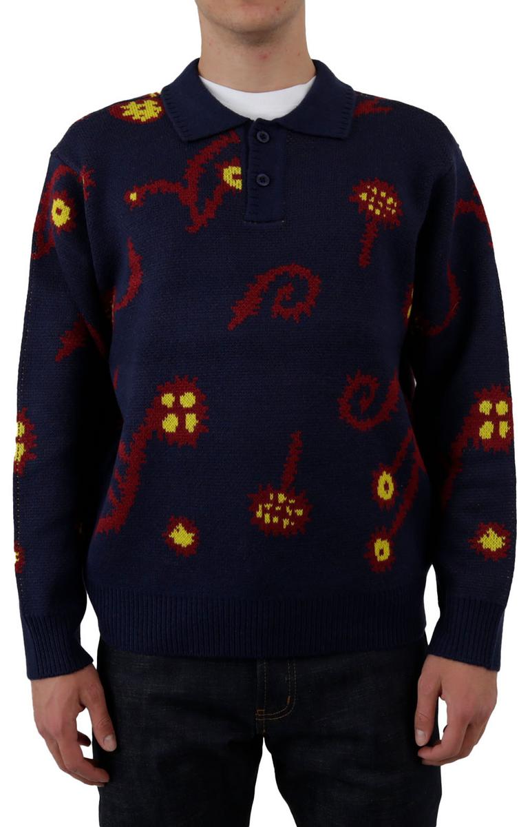 Stylish Navy Multi Intarsia Collared Sweater