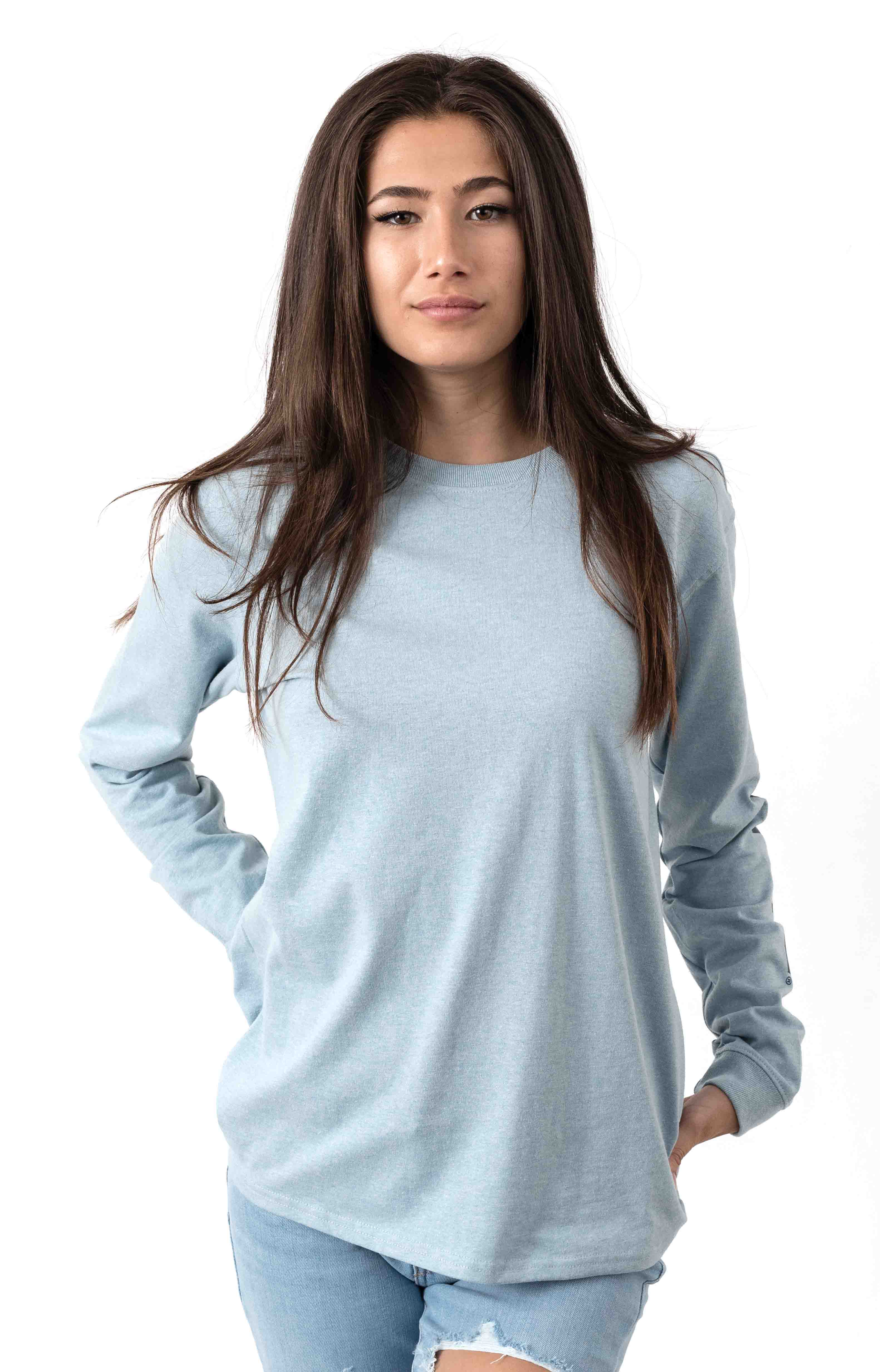 Carhartt Women's Soft Blue Heather Long Sleeve Work Shirt with Sleeve Logo