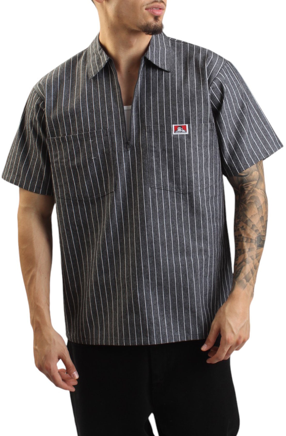 Ben Davis Stylish Half Zip Striped Butcher Block Work Shirt