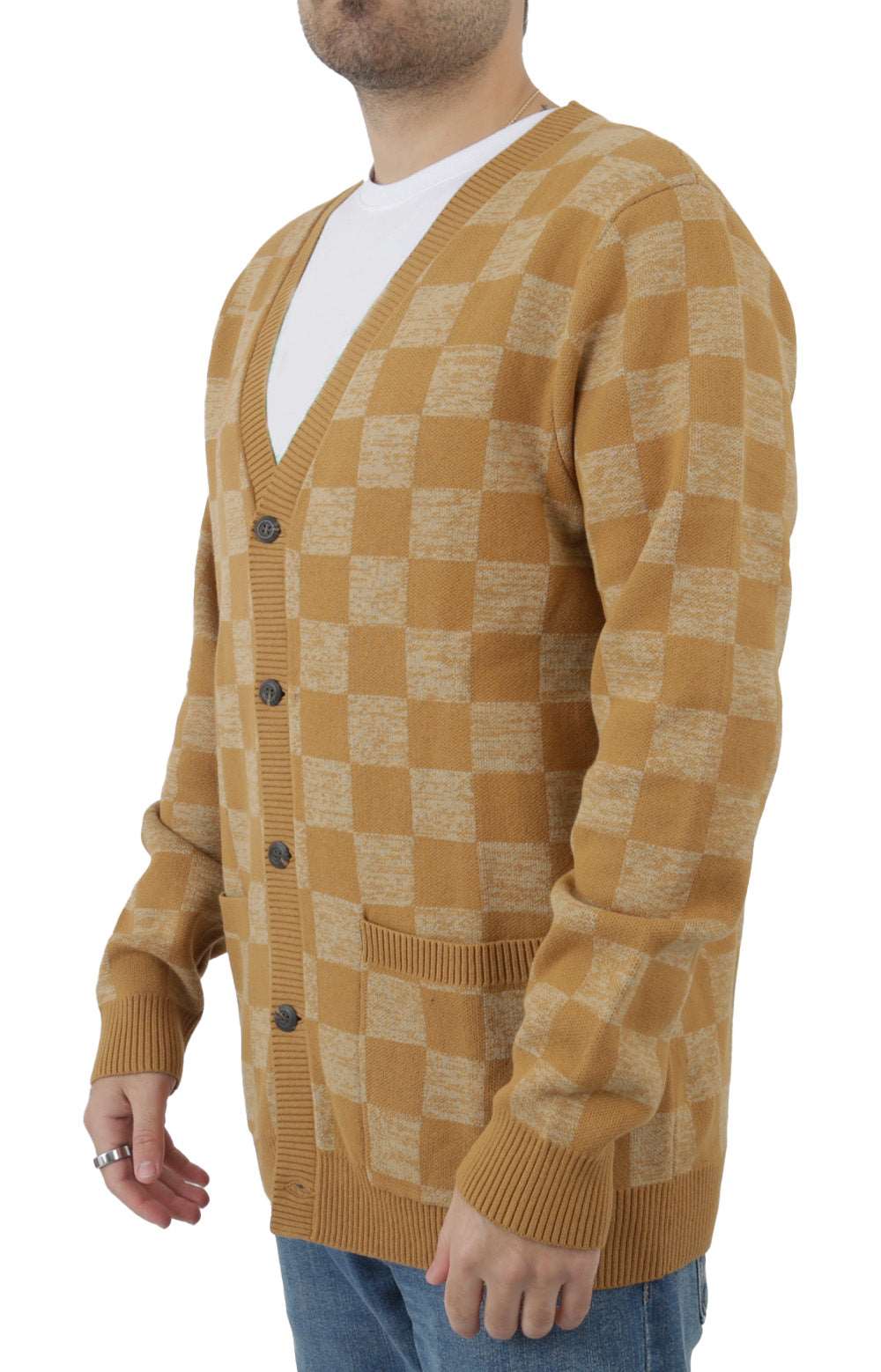 Gorgeous Bone Brown Checkerboard Jacquard Knit Cardigan - A Must - Have!
