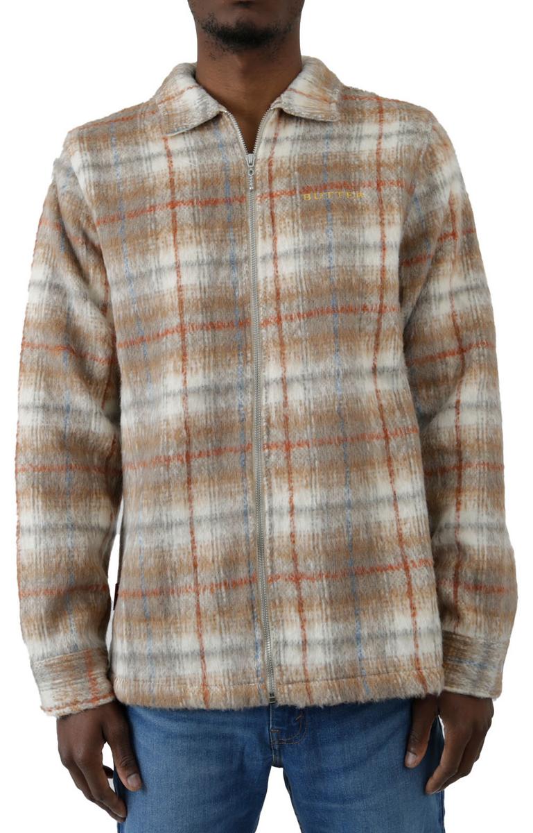 Irresistible Heavyweight Furry Plaid Zip-Up Shirt in Bark/Stone