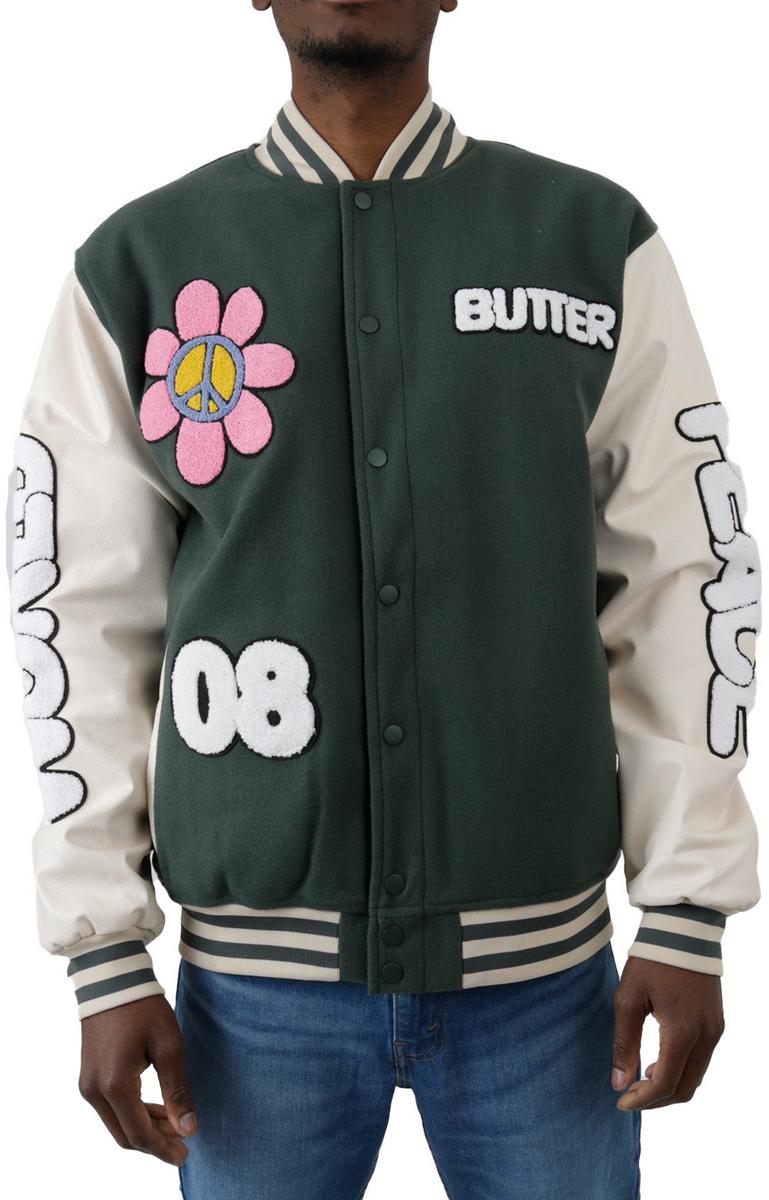 Butter's Forest Green World Peace Varsity Jacket - A Must-Have!