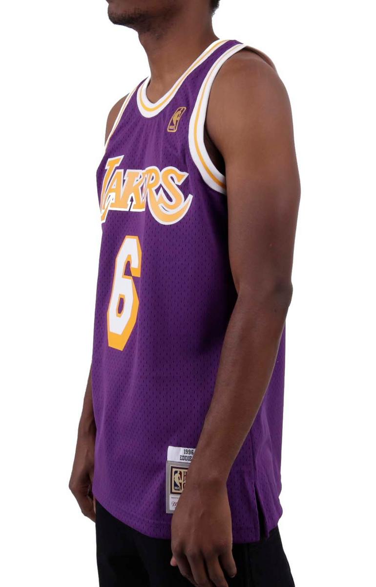 Get the Legendary Eddie Jones 1996 - 97 Los Angeles Lakers NBA Swingman Road Jersey Now!