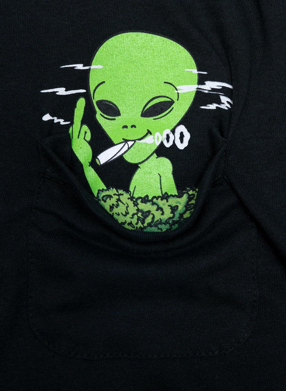 Cool Smoking Alien Pocket T-Shirt in Stunning Black