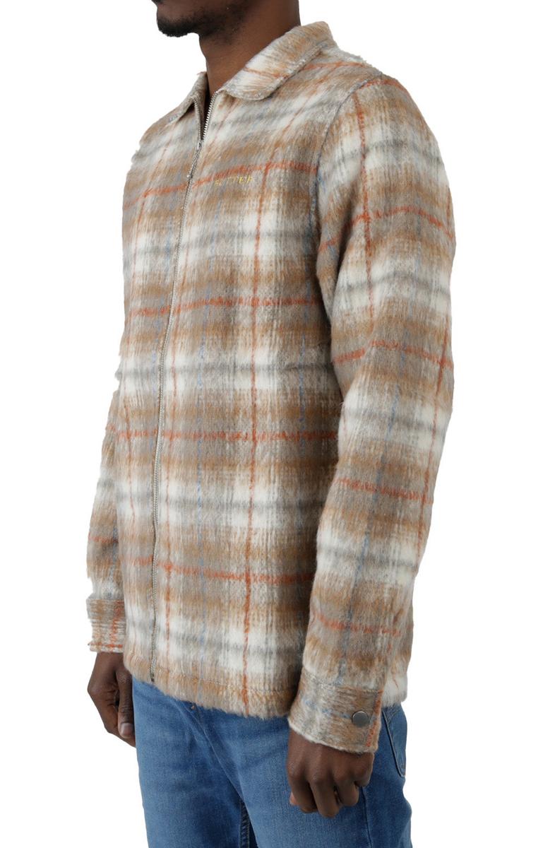 Irresistible Heavyweight Furry Plaid Zip-Up Shirt in Bark/Stone