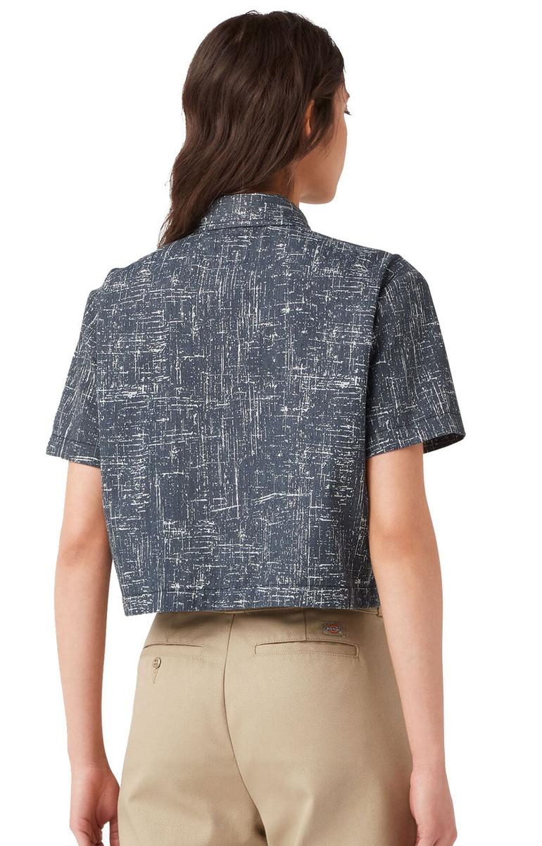 Dickies Women's Rinsed Navy Crosshatch Cropped Work Shirt - Stylish & Functional