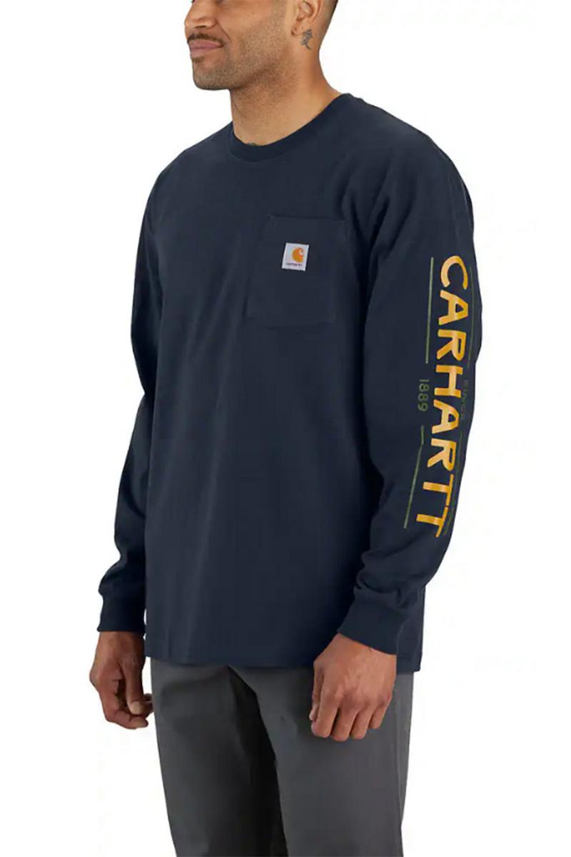 Navy Loose Fit Carhartt Long Sleeve Pocket Dog Graphic T-Shirt - A Must-Have!