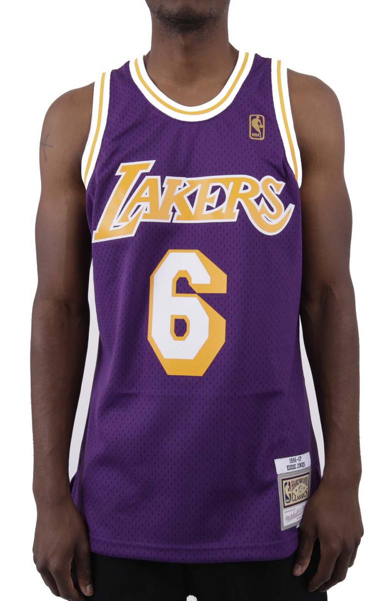 Get the Legendary Eddie Jones 1996 - 97 Los Angeles Lakers NBA Swingman Road Jersey Now!